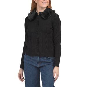 RAIN + ROSE Black Detachable Furry Collar Cardigan